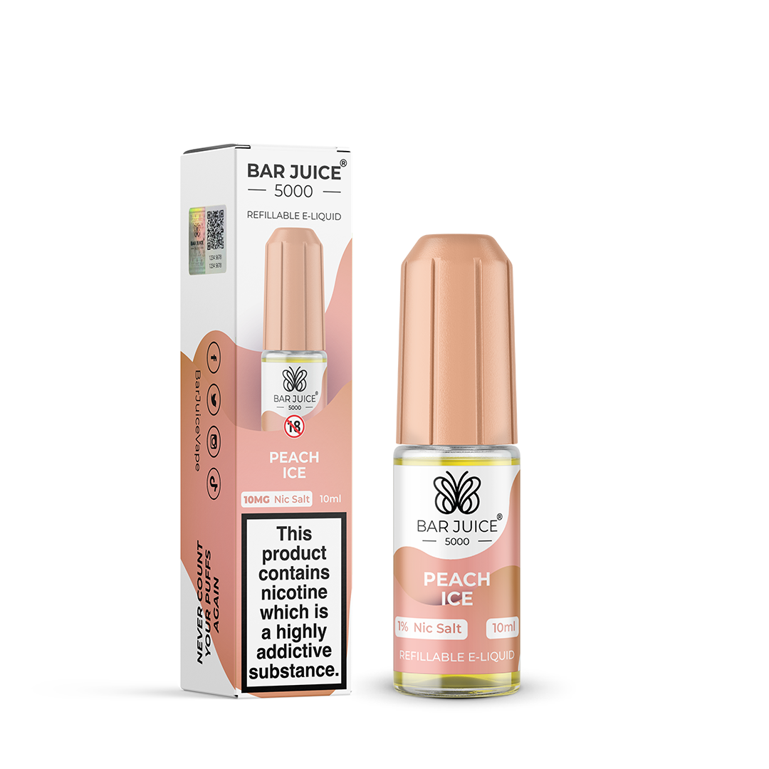 Bar Juice 5000 Peach Ice Nic Salt, Packaging and Bottle Front