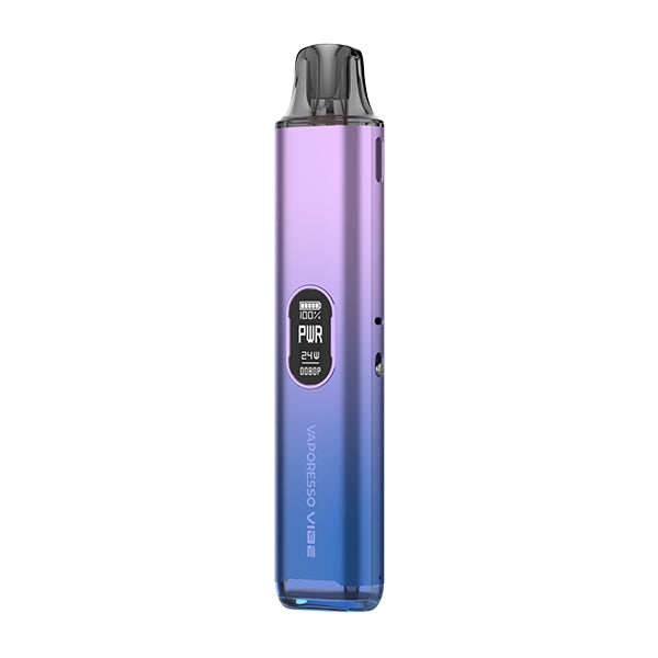 Purple vape device with digital display on a white background