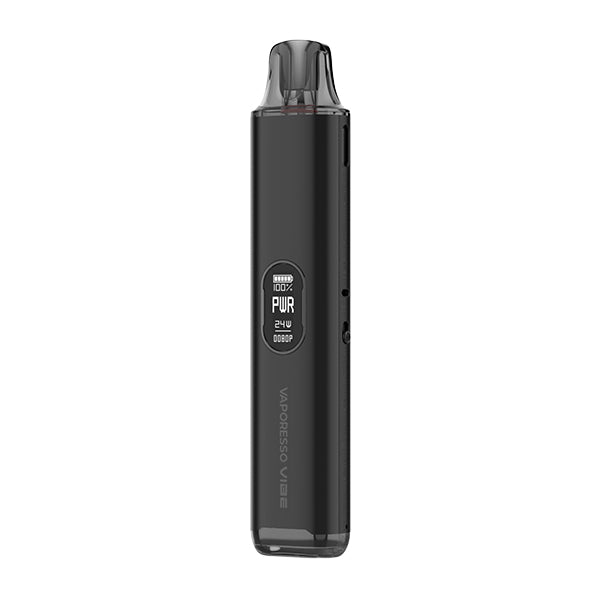 Black vape device with digital display on a white background
