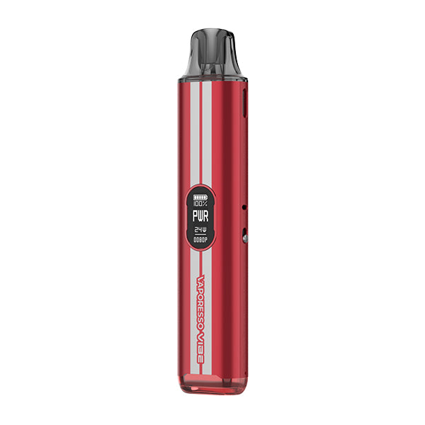 Red vape device with digital display on a white background