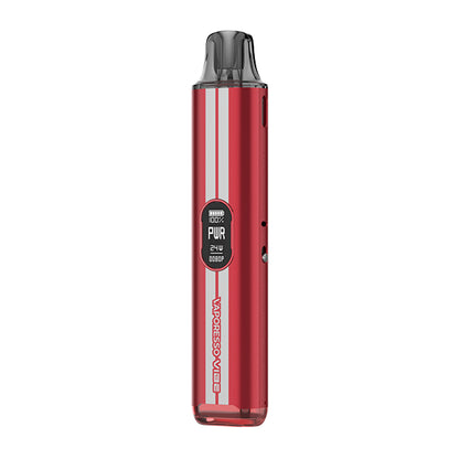 Red vape device with digital display on a white background