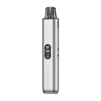 Silver vape device with digital display on a white background