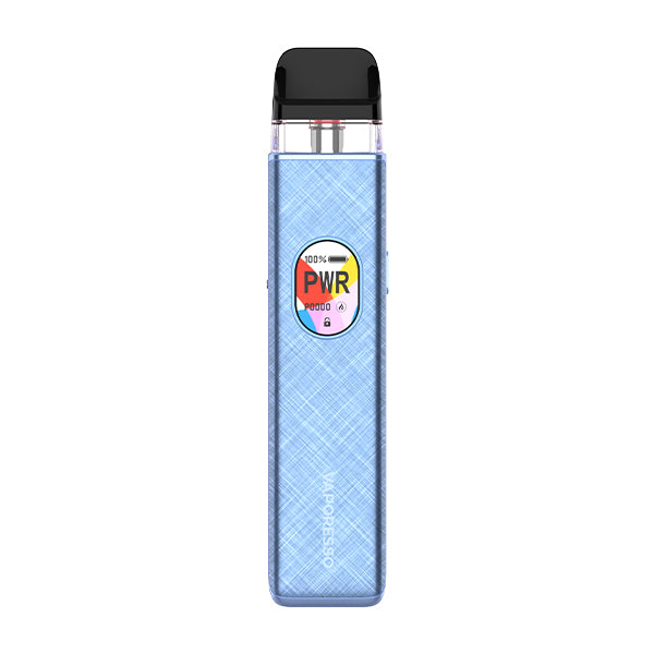Blue vape device with power indicator on a white background