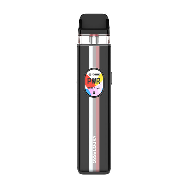 Black Vaporesso Xros 5 vape kit with colourful display on a white background