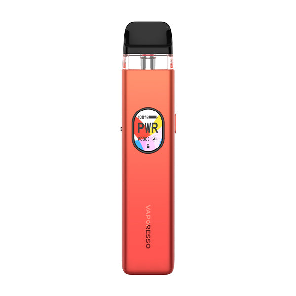 Red Vaporesso Xros 5 vape kit with a digital display on a white background