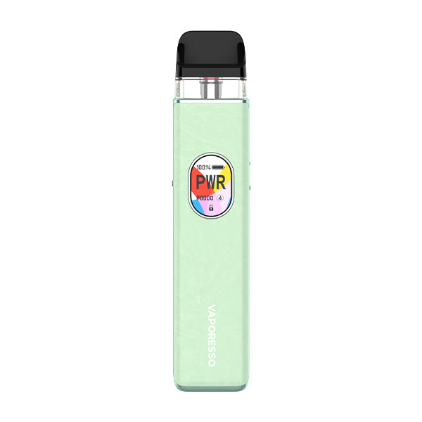 Green Vaporesso Xros 5 vape kit with a digital display on a white background