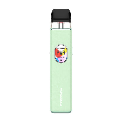 Green Vaporesso Xros 5 vape kit with a digital display on a white background