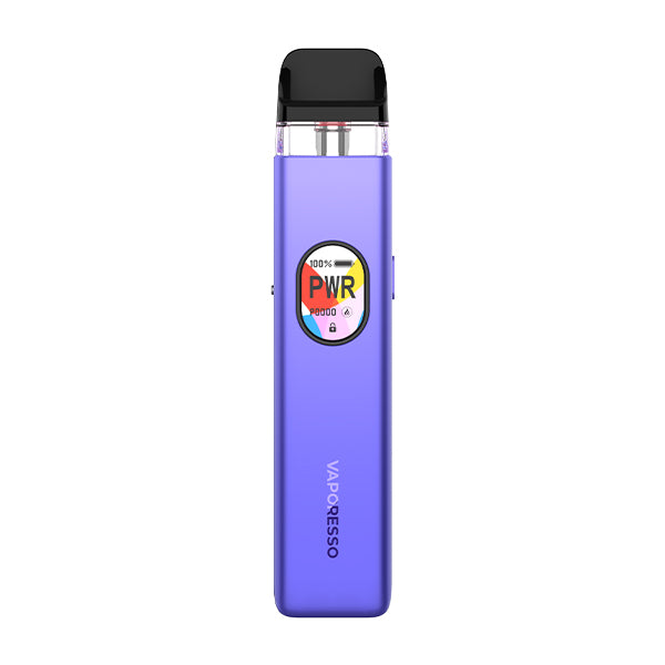 Purple Vaporesso Xros 5 vape kit with a digital display on a white background