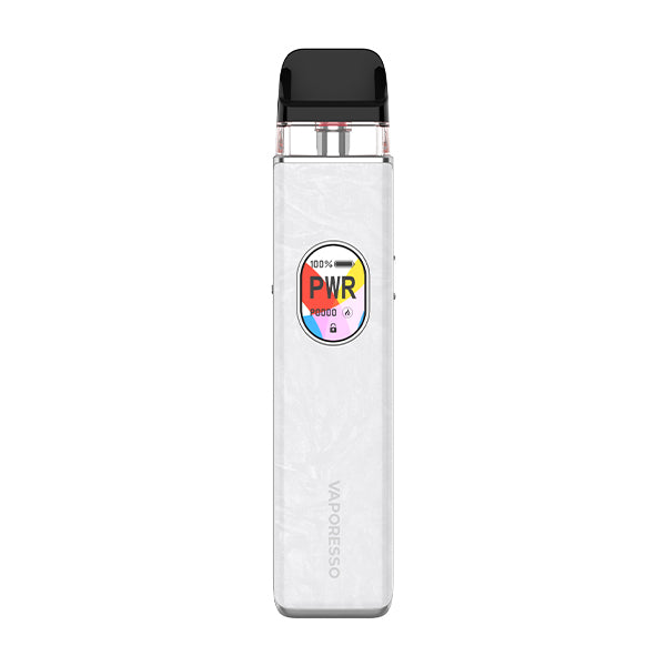 White Vaporesso Xros 5 vape kit with a digital display on a white background