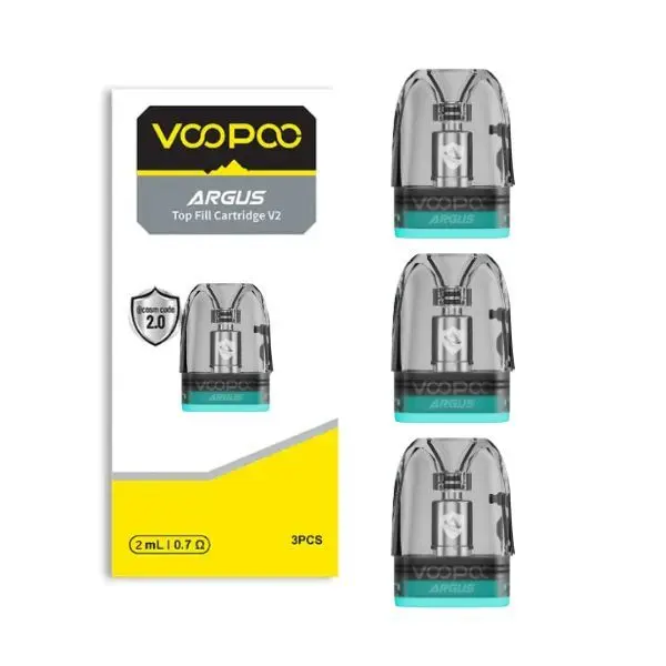 VOOPCO ARGUS top fill cartridge V2 packaging with three cartridges on a white background