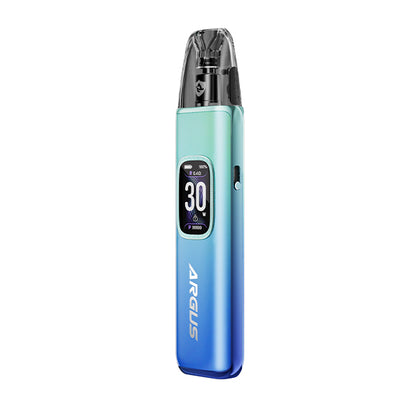 Blue vape device ,Voopoo Argus G3 Pod Kit, with digital display on a white background