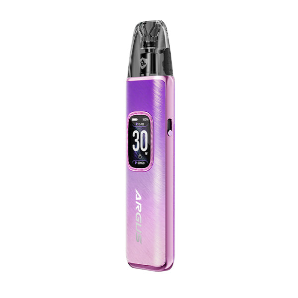 Purple vape device, Voopoo Argus G3 Pod Kit, with digital display on a white background