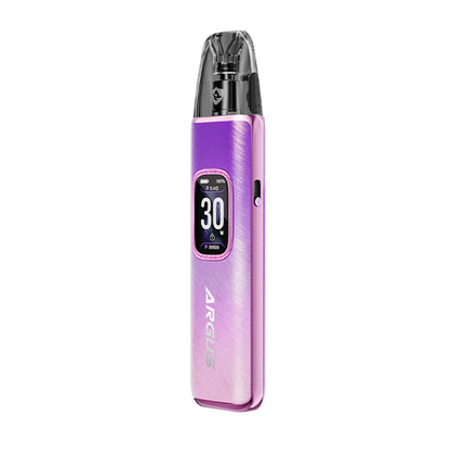 Purple vape device, Voopoo Argus G3 Pod Kit, with digital display on a white background