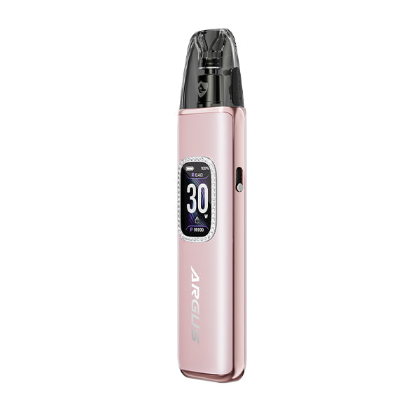 Pink vape device, Voopoo Argus G3 Pod Kit, with digital display on a white background