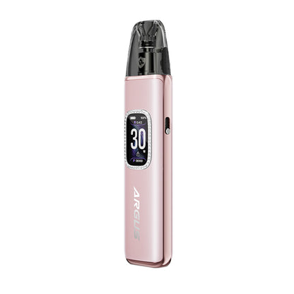 Pink vape device, Voopoo Argus G3 Pod Kit, with digital display on a white background