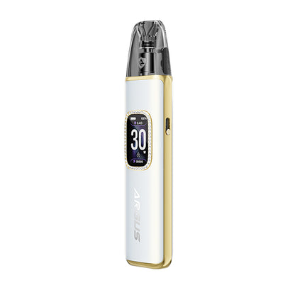 White and gold vape, Voopoo Argus G3 Pod Kit, with digital display on a white background