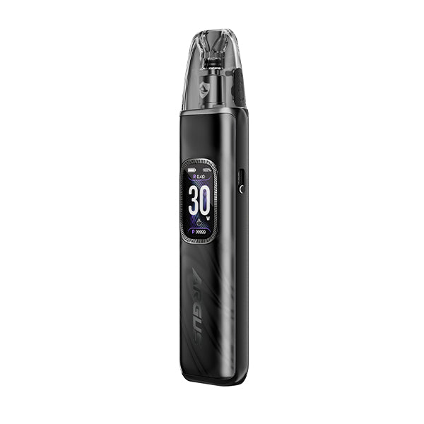 Black electronic vape, Voopoo Argus G3 Pod Kit, with digital display on a white background