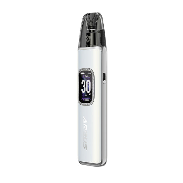 White vape device, Voopoo Argus G3 Pod Kit, with digital display on a white background
