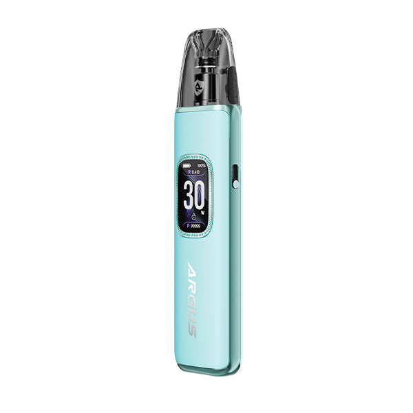 Light blue vape device, Voopoo Argus G3 Pod Kit, with digital display on a white background
