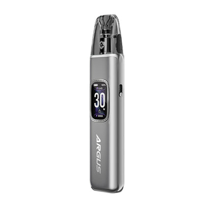 Silver vape device, Voopoo Argus G3 Pod Kit, with digital display on a white background