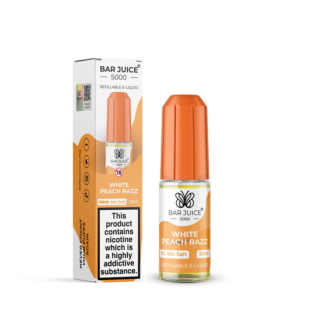 Bar Juice 5000 White Peach Razz Nic Salt, Packaging and Bottle Front