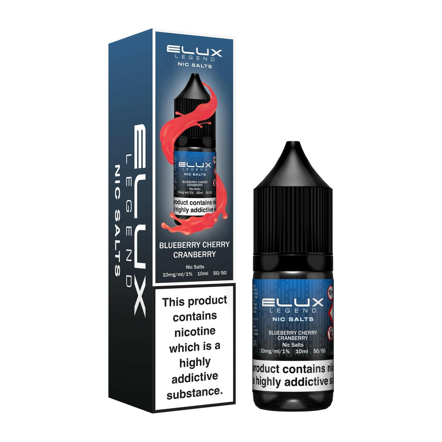 Elux Legened Nic Salt Blueberry Cherry Cranberry, Packaging and Bottle Front