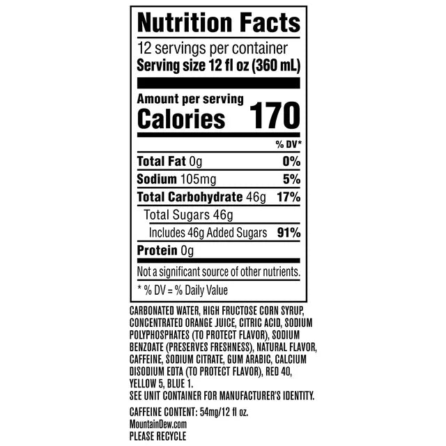 Mountain Dew Code Red Soda, Nutrition
